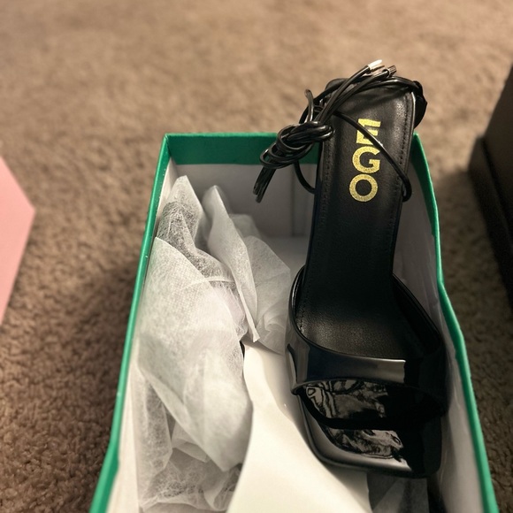 PAMELA LACE UP STRAPPY SQUARE PEEP TOE STILETTO HEEL IN BLACK PATENT - Picture 4 of 5